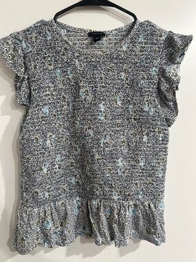 Ann Taylor Smocked Blouse in White, Navy & Light Blue